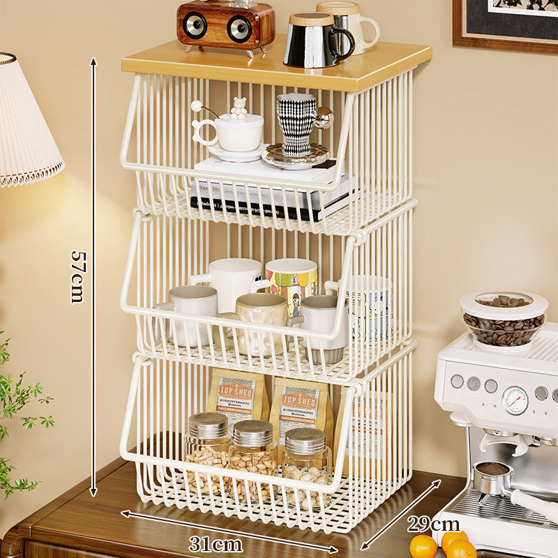Four-Tier Industrial Wire Basket Cart with Wood Top and Swivel Locking Casters