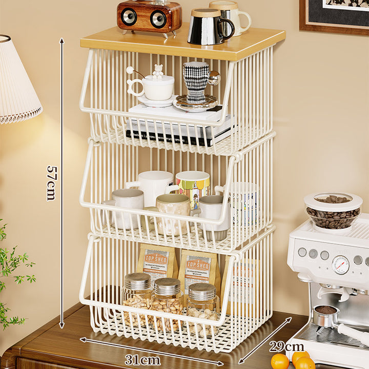 Four-Tier Industrial Wire Basket Cart with Wood Top and Swivel Locking Casters