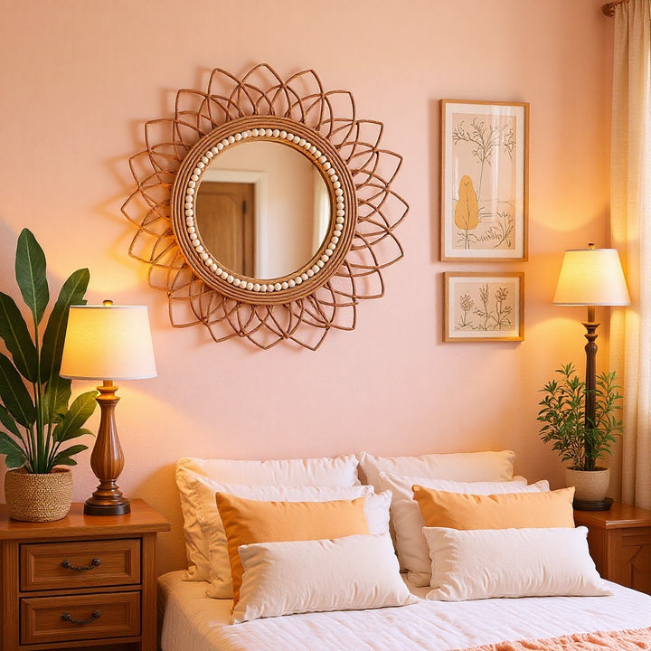 Decorative wall mirror with rattan frame