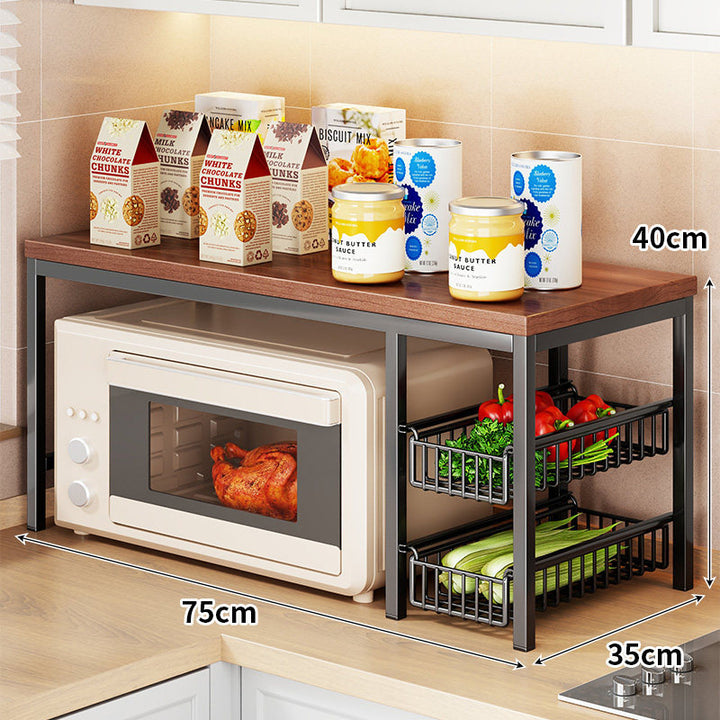 Microwave Countertop Organizer Shelf with Wooden Top and Pull-Out Wire Basket Drawers