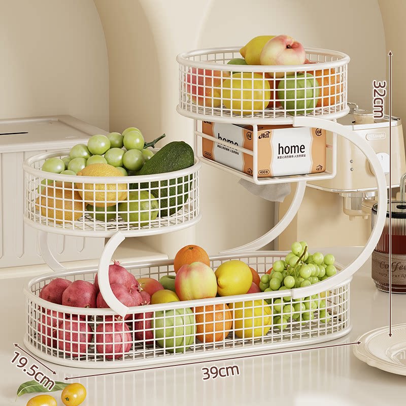 Multi-Level Spiral Metal Fruit and Produce Storage Stand with Mesh Baskets and Tissue Box Shelf