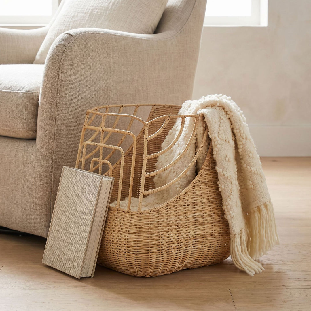 Handcrafted storage basket with curved design