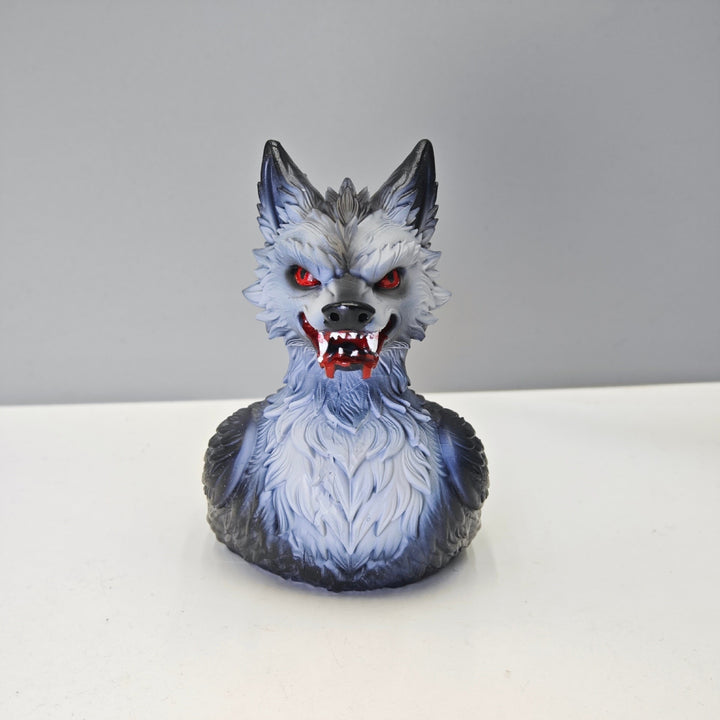 Creepy rubber duck with wolf design