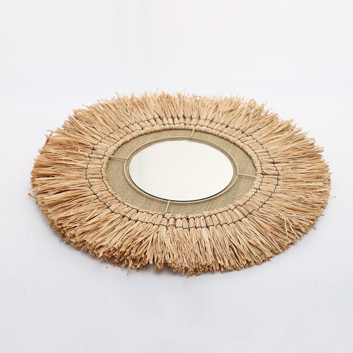 Decorative wall mirror with natural rattan frame