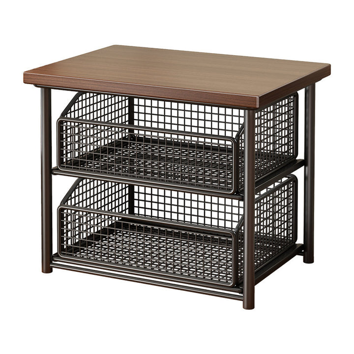 Countertop Coffee Station Organizer with Sliding Metal Wire Basket and Wooden Shelf