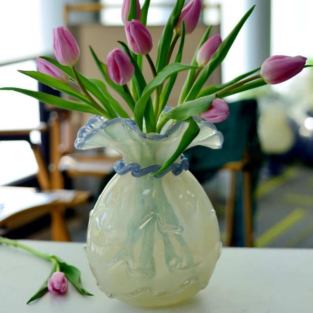 Ruffled-Rim Hand-Blown Decorative Glass Vase with Twisted Neck Accent