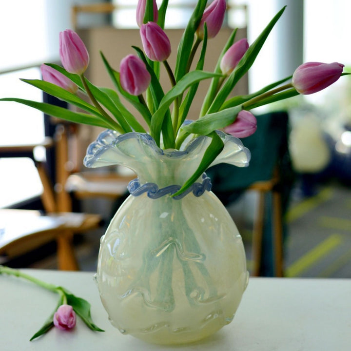 Ruffled-Rim Hand-Blown Decorative Glass Vase with Twisted Neck Accent