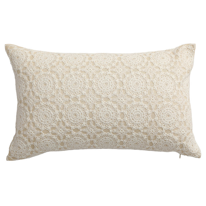 Square decorative cushion with crocheted ornament overlay and linen texture