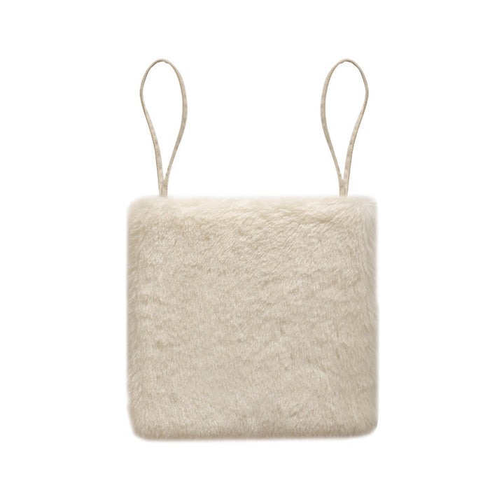 Square fluffy seat cushion with faux fur cover and attachment straps