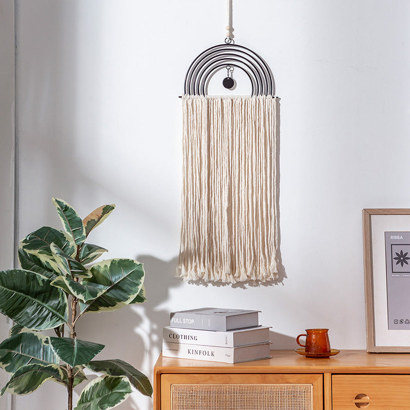 Boho macrame wall hanging with semicircle metal frame and long fringes