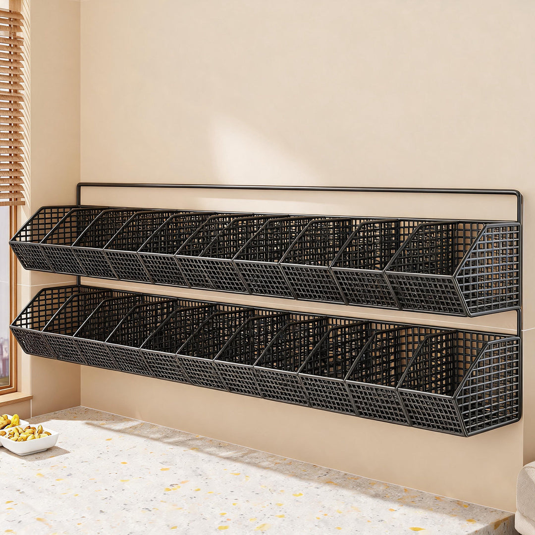 Wall-Mounted Double-Tier Grid Mesh Kitchen Storage Basket Organizer