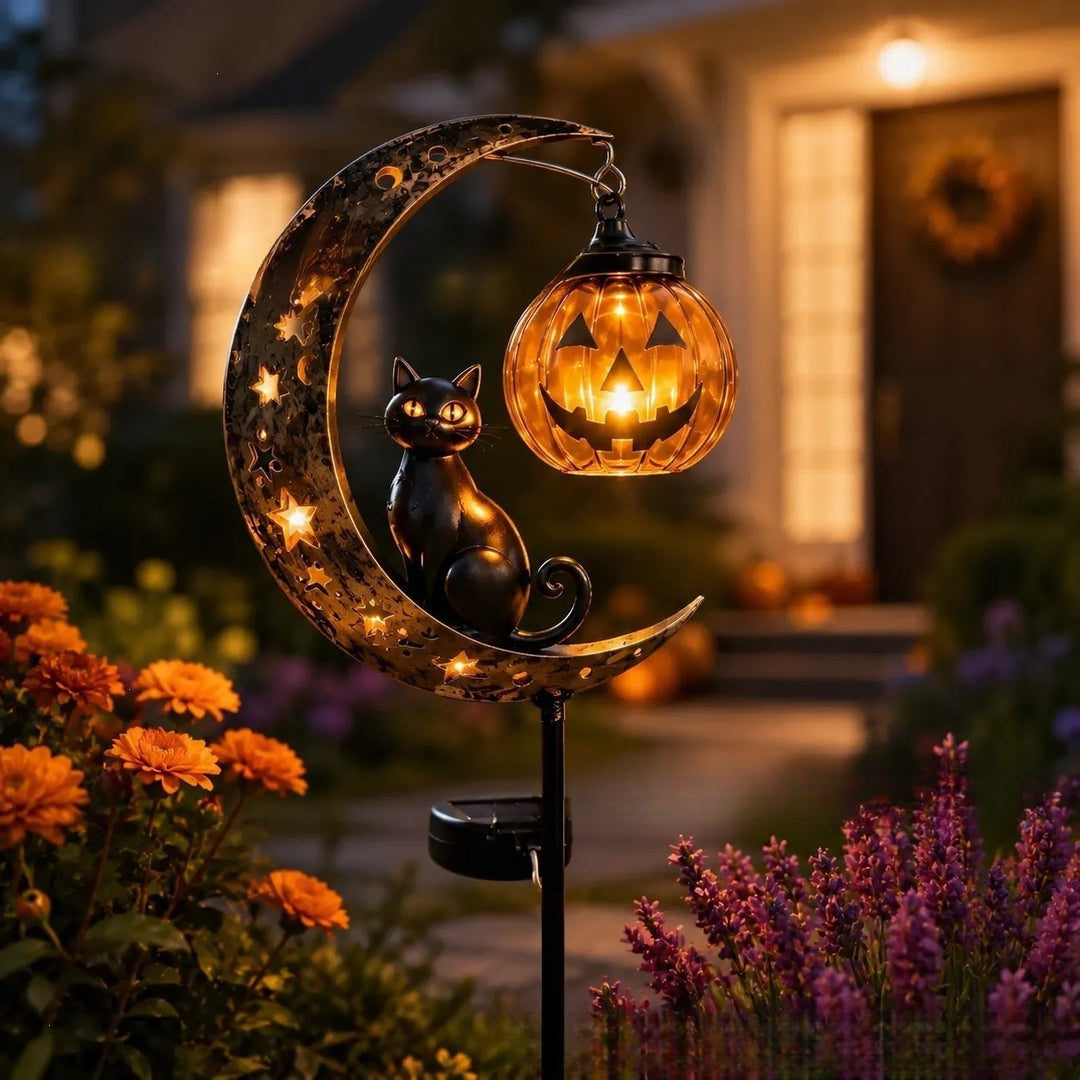 Solar-powered Half-moon Garden Stake Lantern with Cat Silhouette