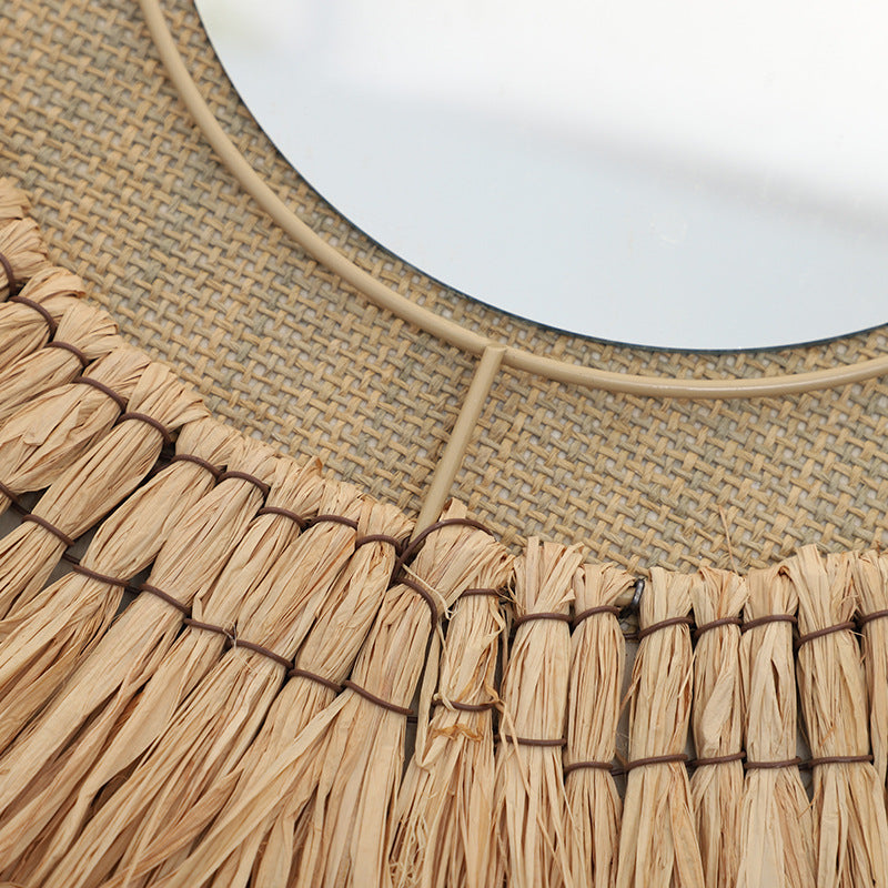 Decorative wall mirror with natural rattan frame