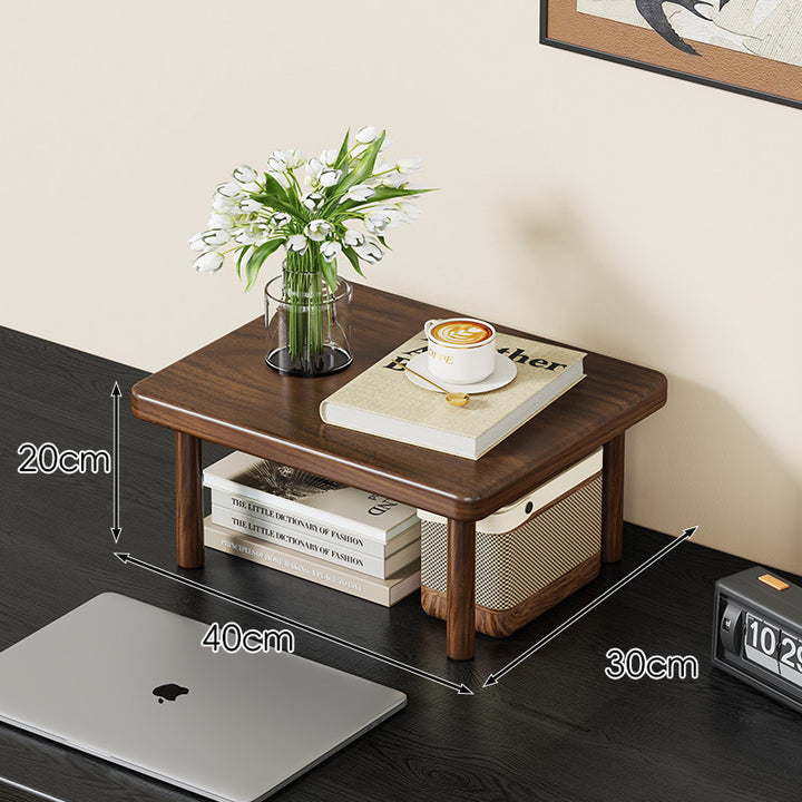 Compact Solid Wood Elevated Desk Display Stand with Under-Shelf Storage and Rounded Leg Design