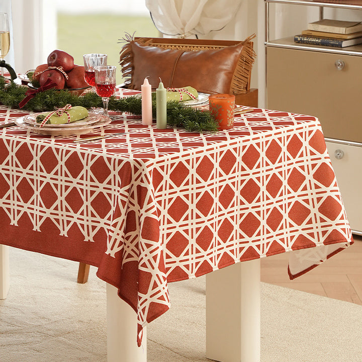 Jacquard-woven tablecloth with geometric pattern and water-repellent surface