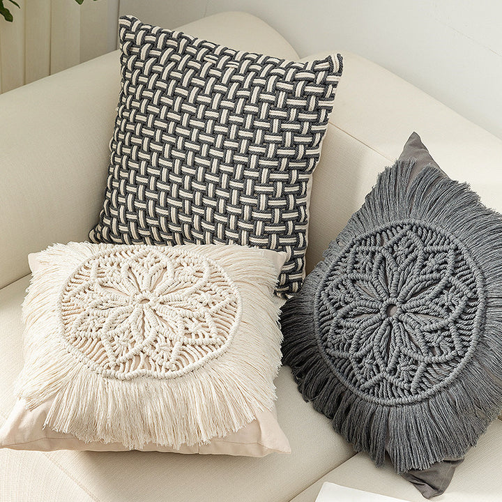 Decorative macrame pillow cover with mandala application and fringes