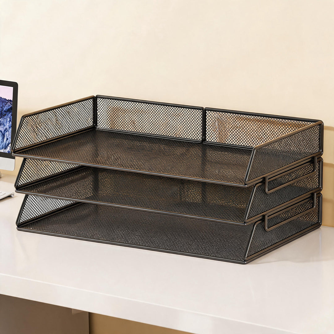 Stackable Three-Tier Metal Mesh Desk Letter Tray Organizer