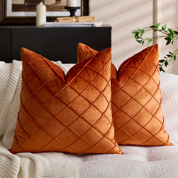 Quilted Diamond Velvet Throw Pillow Cover with Hidden Zipper and Plush Insert Support
