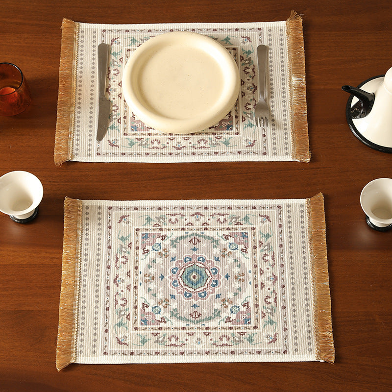 Short-pile decorative bathroom and runner carpet in oriental medallion style with fringes