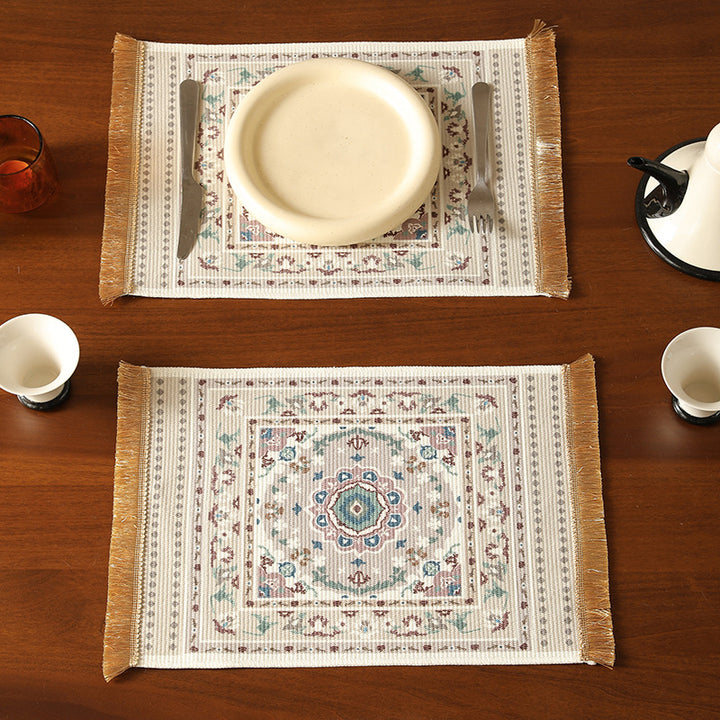 Short-pile decorative bathroom and runner carpet in oriental medallion style with fringes