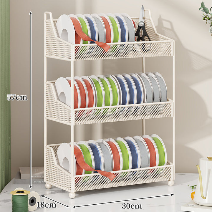 Metal Mesh Ribbon and Tape Spool Organizer with Integrated Scissor Slot