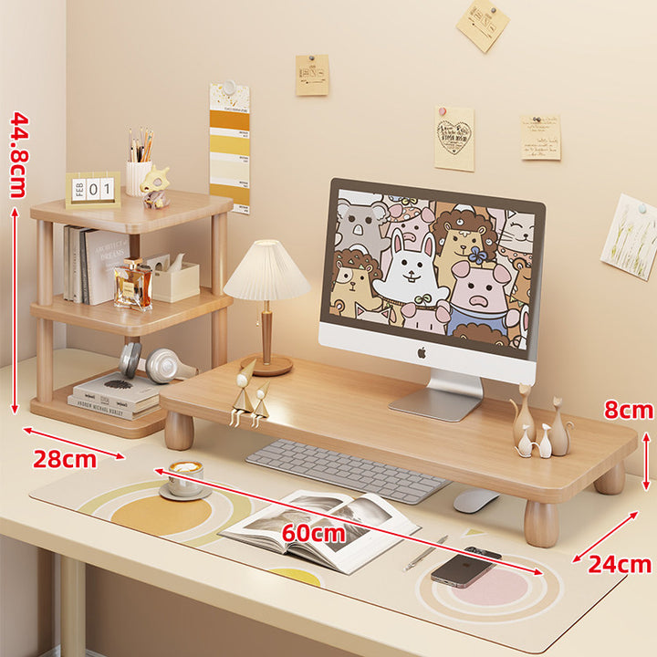 Low-Profile Ergonomic Wooden Desktop Monitor Lift with Under-Shelf Keyboard Storage