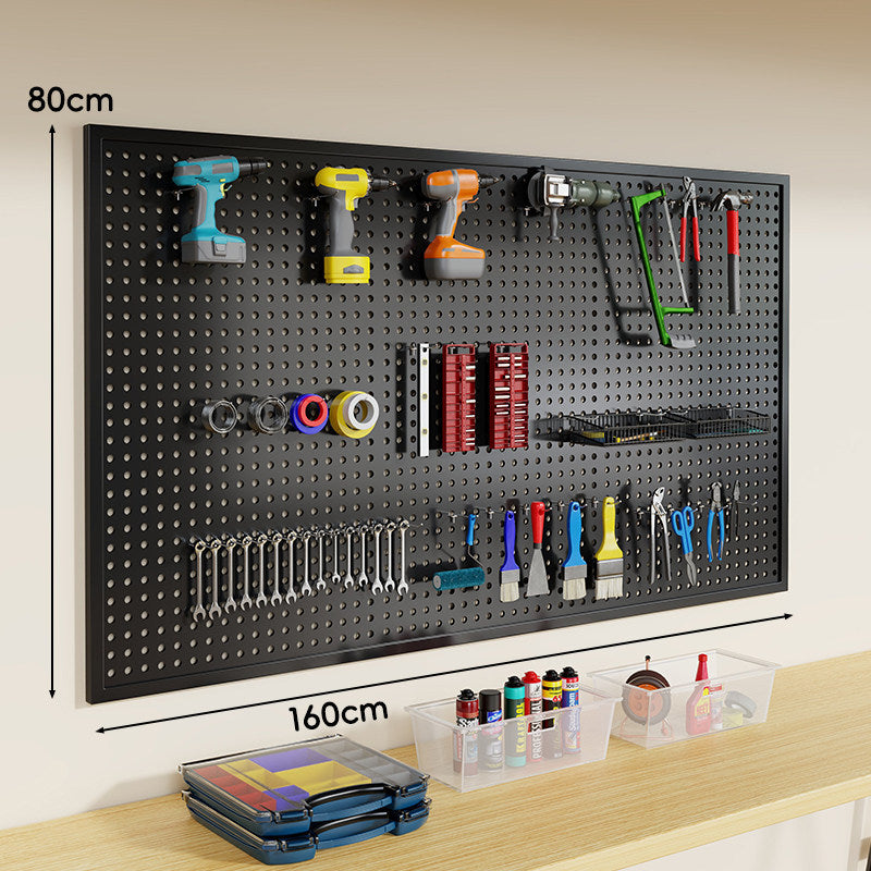 Heavy-Duty Wall-Mounted Perforated Steel Pegboard Tool Organizer with Modular Hooks and Shelf