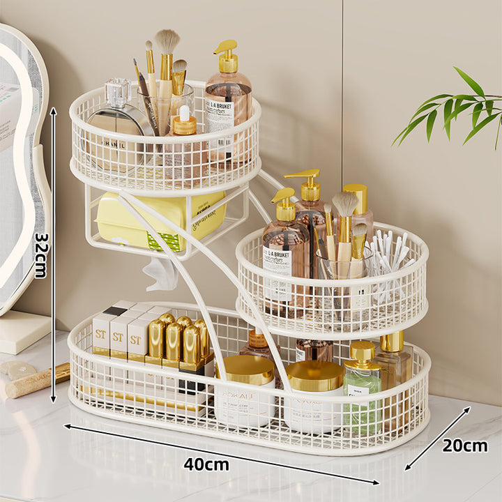 Triple-Tier Mesh Vanity and Countertop Organizer with Integrated Tissue Slot and Metal Grid Baskets