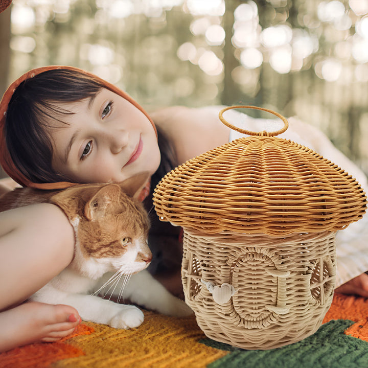 Playful storage basket with mushroom hat design