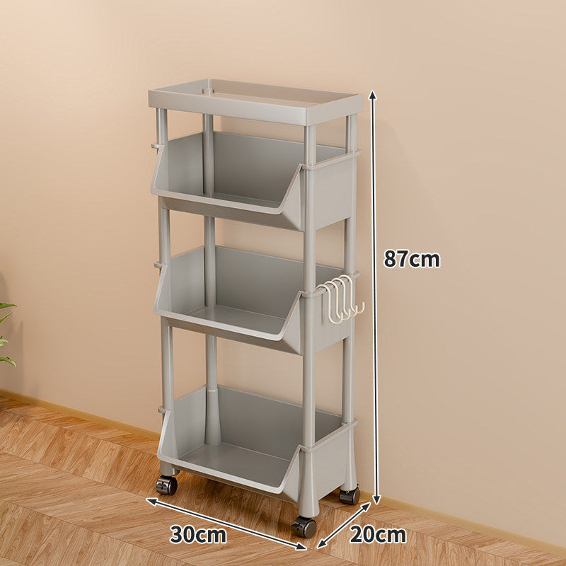 Slim Multi-Tier Rolling Plastic Storage Cart with Deep Tilt Bins and Side Hooks