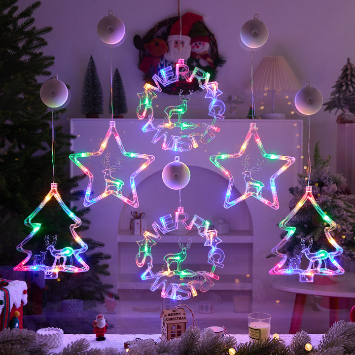 Festive Warm White LED Hanging Window Ornament Set with Reindeer Star Tree Wreath