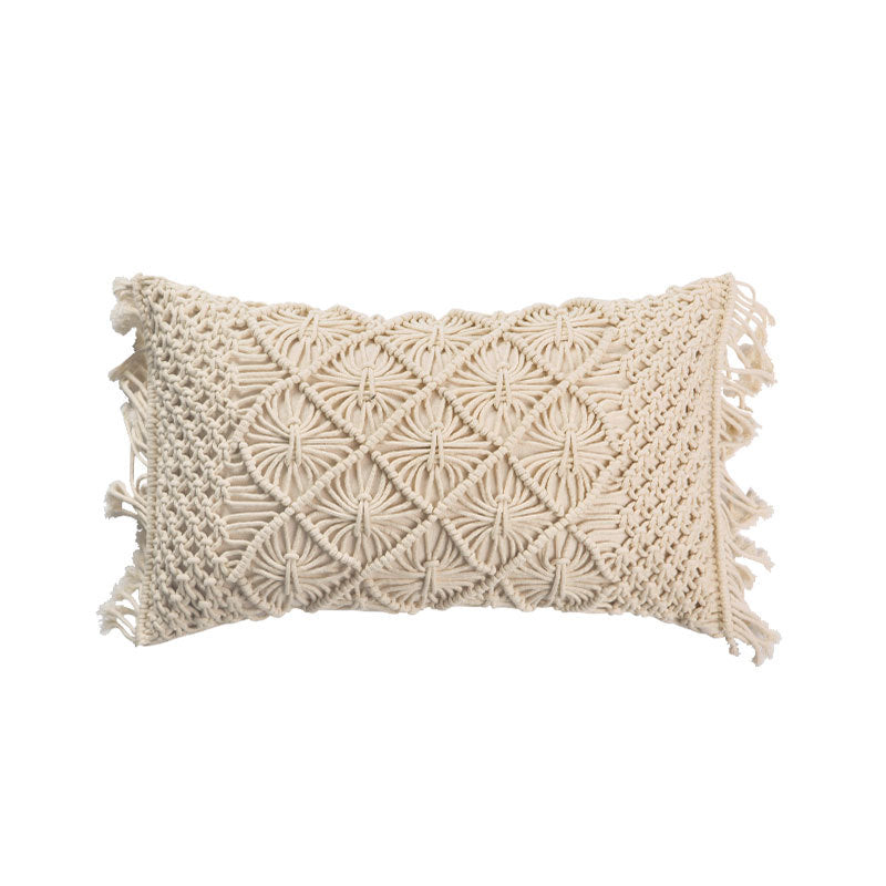 Rectangular cushion cover in macramé style with tufted floral appliqués and fringes