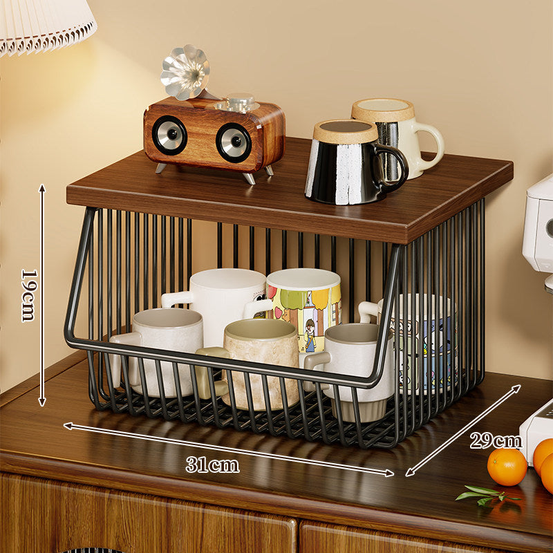 Four-Tier Industrial Wire Basket Cart with Wood Top and Swivel Locking Casters