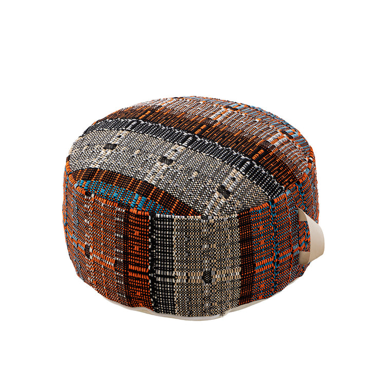 Round woven seat pouf made of durable cotton mix with practical carrying handle