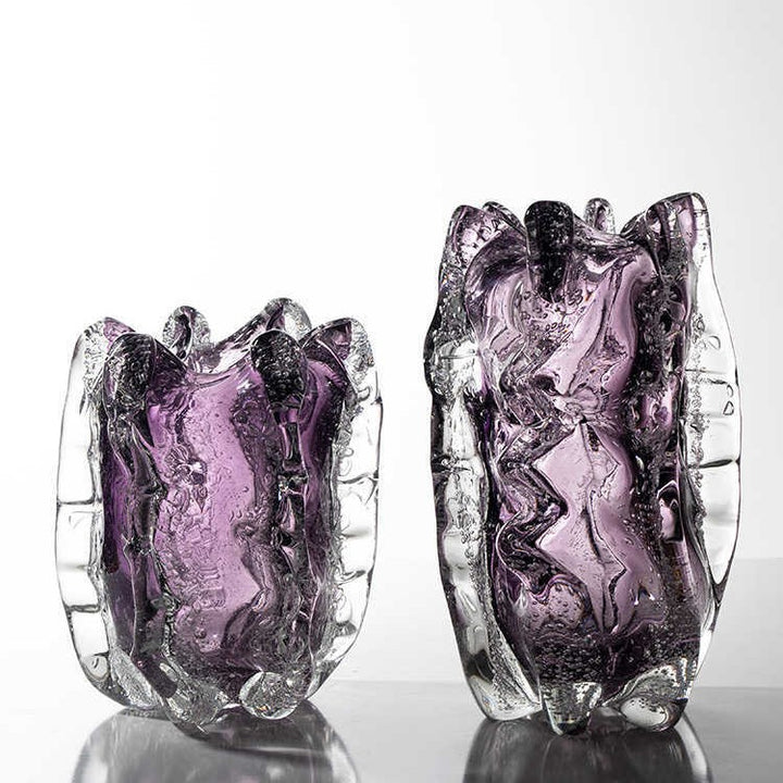 Hand-Blown Sculptural Ribbed Art Glass Decorative Vase