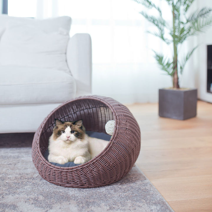 Cozy cat bed made of woven natural material