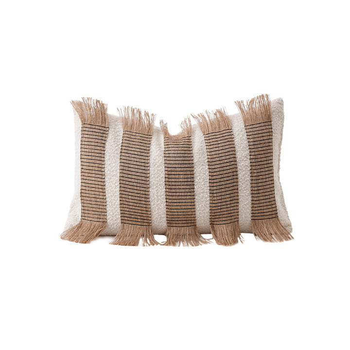 Rectangular decorative cushion with fringes and woven stripes