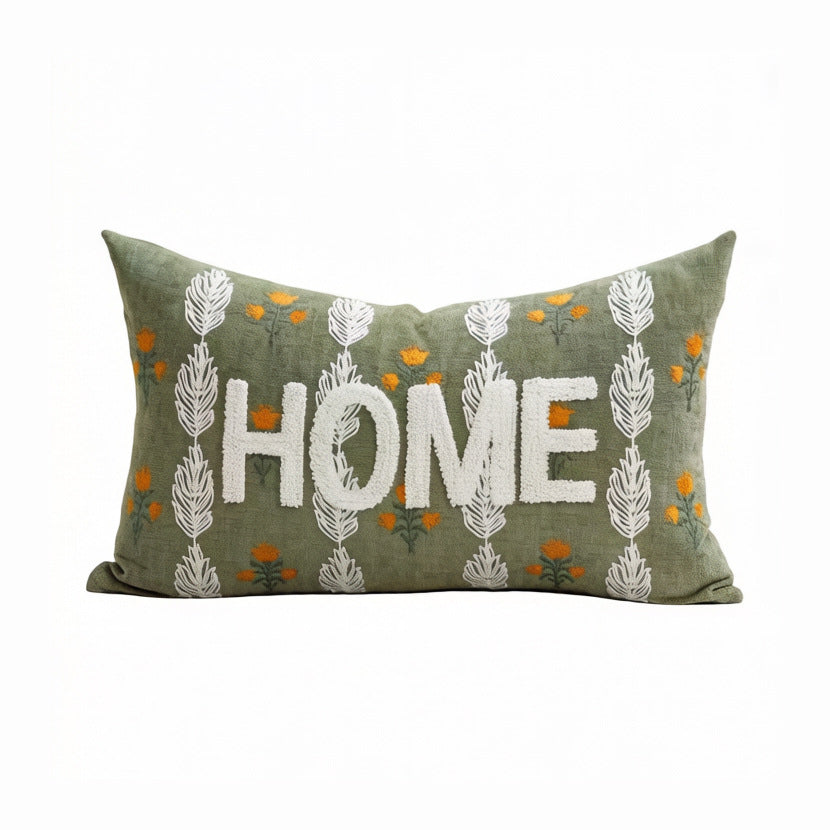 Embroidered Textured Lumbar Throw Pillow with HOME Lettering and Leaf Motif