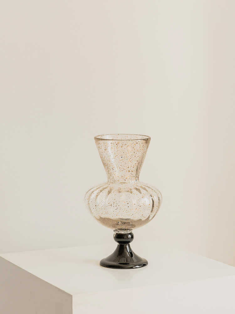Speckled Hand-Blown Ribbed Pedestal Glass Vase