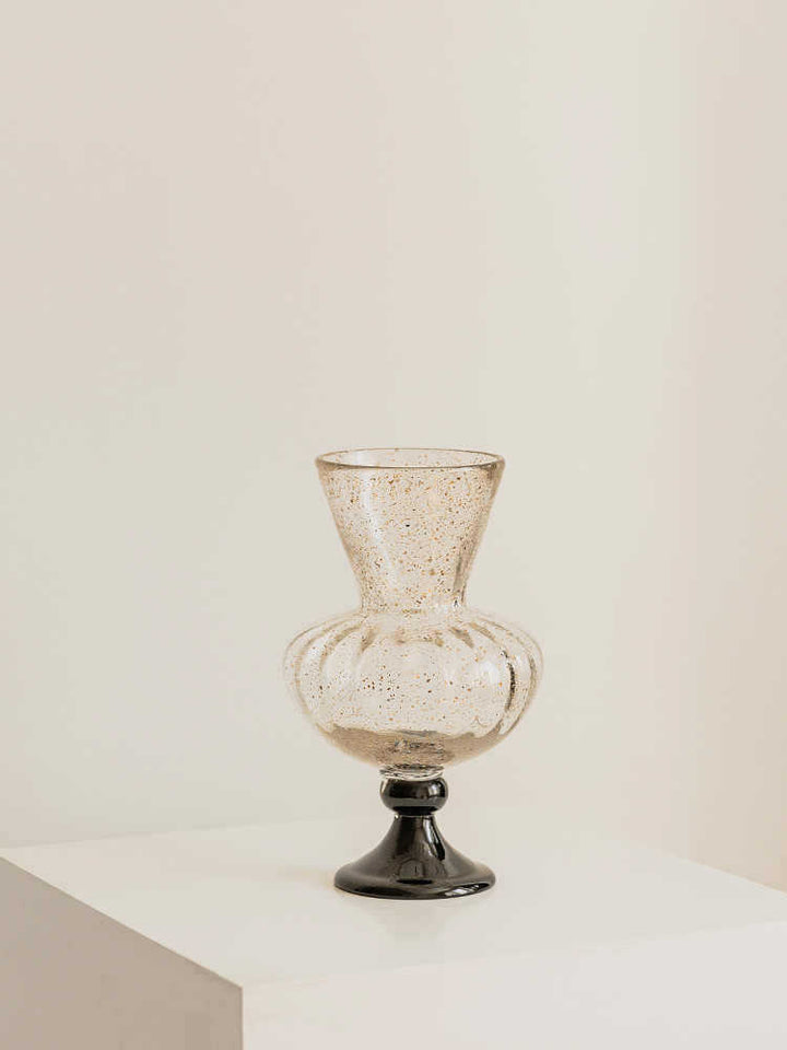 Speckled Hand-Blown Ribbed Pedestal Glass Vase
