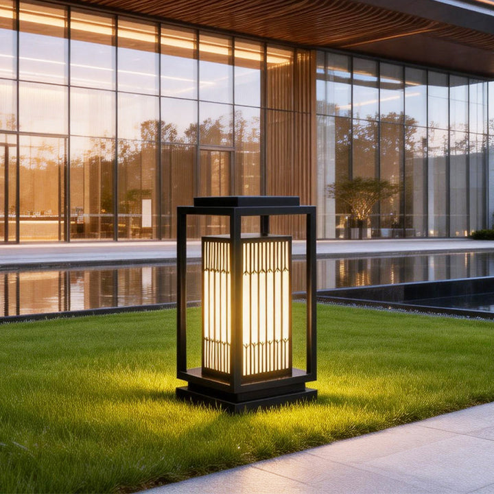 Japanese inspired solar garden floor lantern with wooden frame