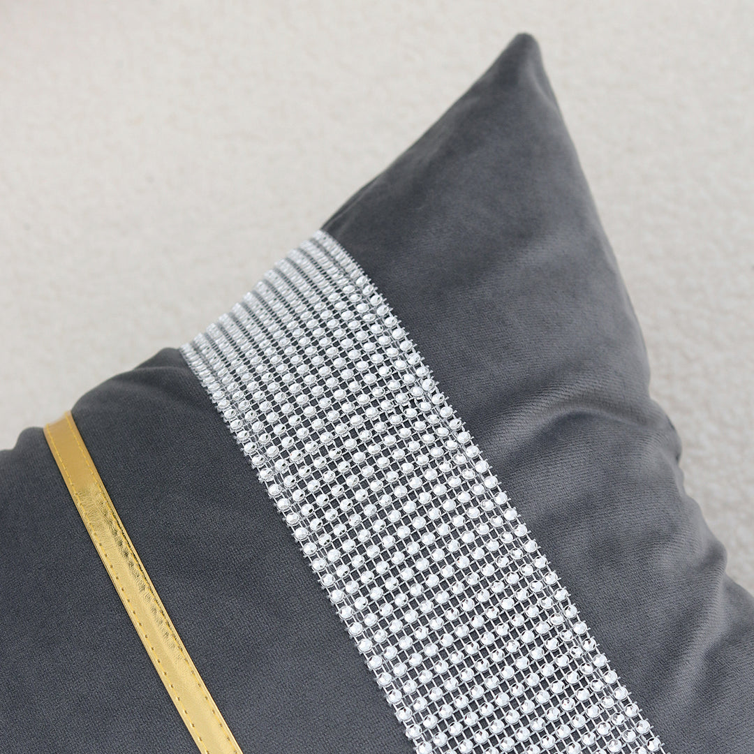 Decorative Velvet Square Throw Pillow with Metallic Trim and Rhinestone Band