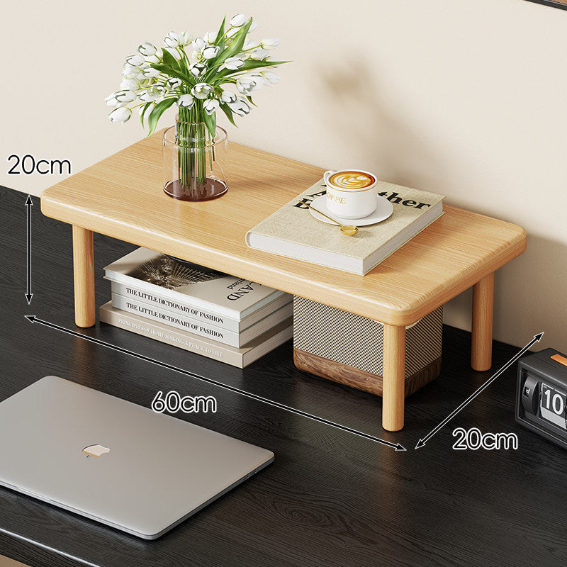 Compact Solid Wood Elevated Desk Display Stand with Under-Shelf Storage and Rounded Leg Design