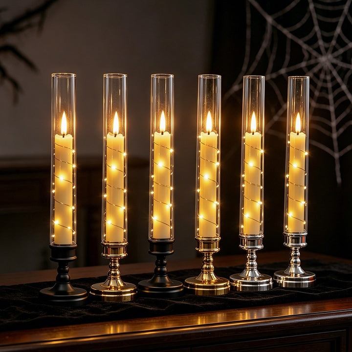 LED flameless table candle holder with glass hurricane and remote control