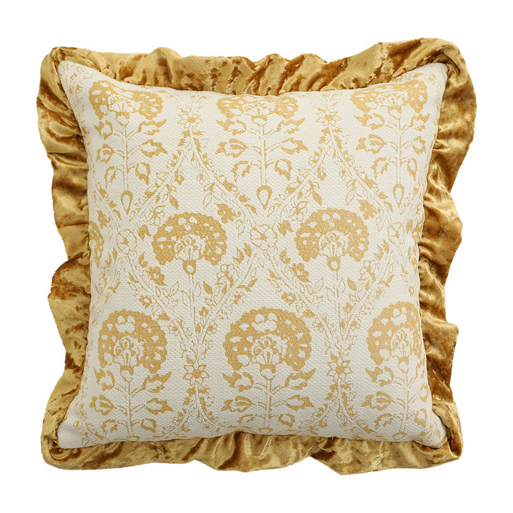 Square decorative pillow in Baroque style with velvet ruffle and putto jacquard