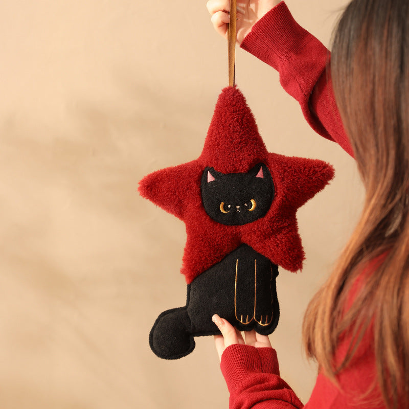 Plush pendant star shape with cat motif, cuddly teddy texture and hanging ribbon
