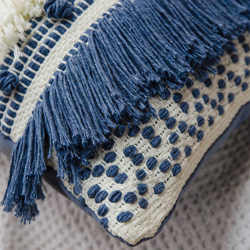 Woven decorative cushion cover with 3D dot structure and layered fringes