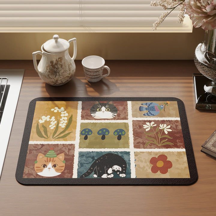 Absorbent Rectangular Kitchen Counter Placemat with Patchwork Cat & Floral Illustration and Non-Slip Backing