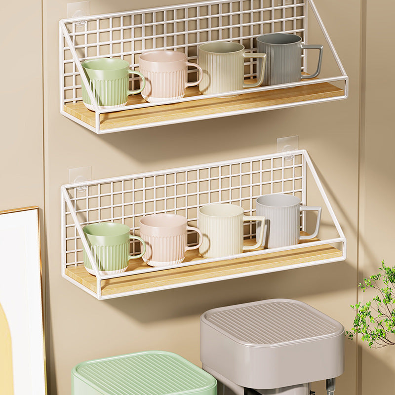 Ventilated Grid Wall Shelf with Wood-Look Tray and Clear Suction Mounts