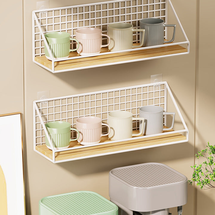 Ventilated Grid Wall Shelf with Wood-Look Tray and Clear Suction Mounts